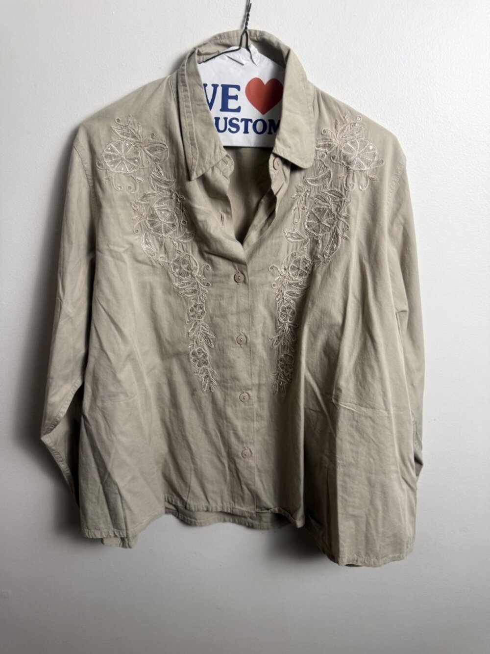 Vermani Beige Embroidered Shirt Size M Tonal Floral Bead Sequin Cotton